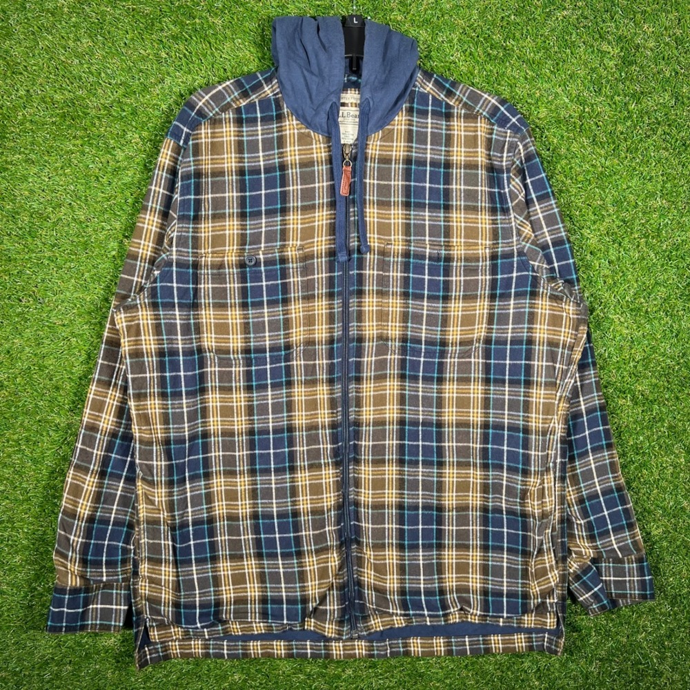 LL Bean Mens Hooded‎ Flannel Shirt Jacket Full Zip Plaid Blue Brown L